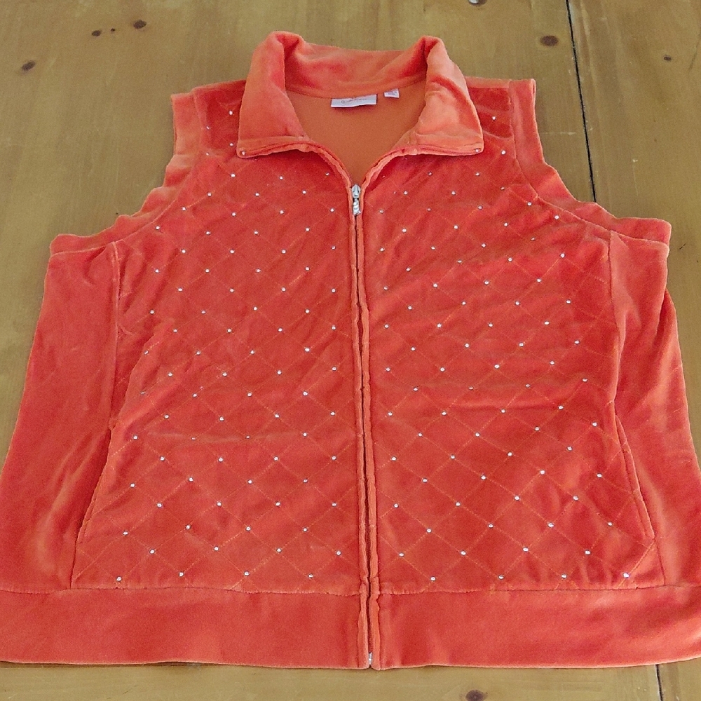 Nwot Quacker Factory Orange Velour Bejeweled Zip-Up Vest Womans 2X